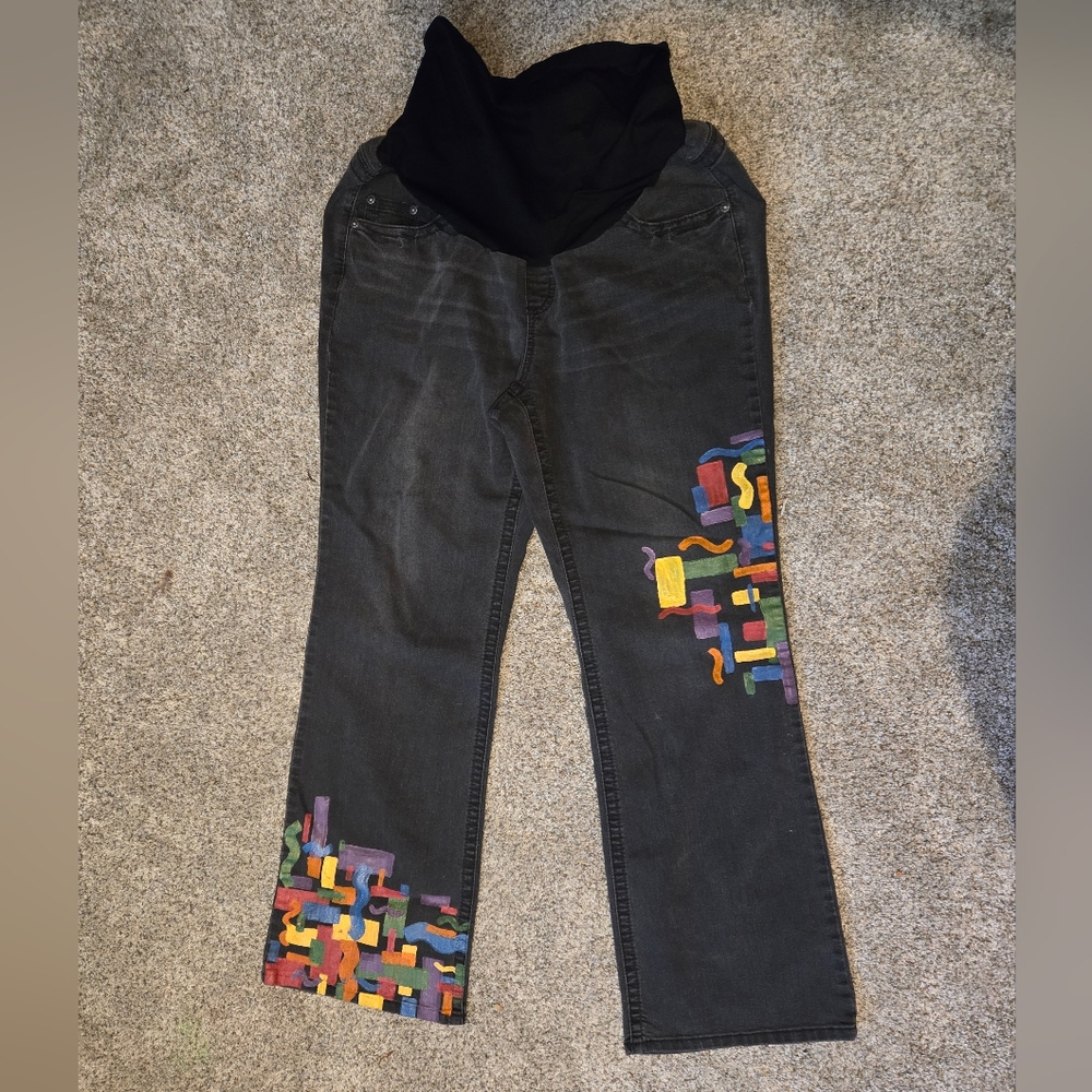 Indigo Blue Women's Jeans with Colorful Abstract Design
